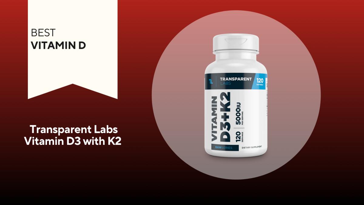 A white bottle with blue writing of Transparent Labs Vitamin D3 with K2 our pick for the best vitamin D